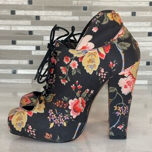 RODARTE x OPENING CEREMONY Black Floral Lace-Up Platform Heel Booties, 6 US